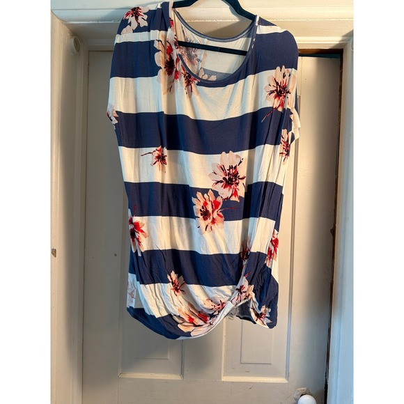 Tops - Womens Navy White Striped Floral Short Sleeve Knot Front Top Scoop Neck Large